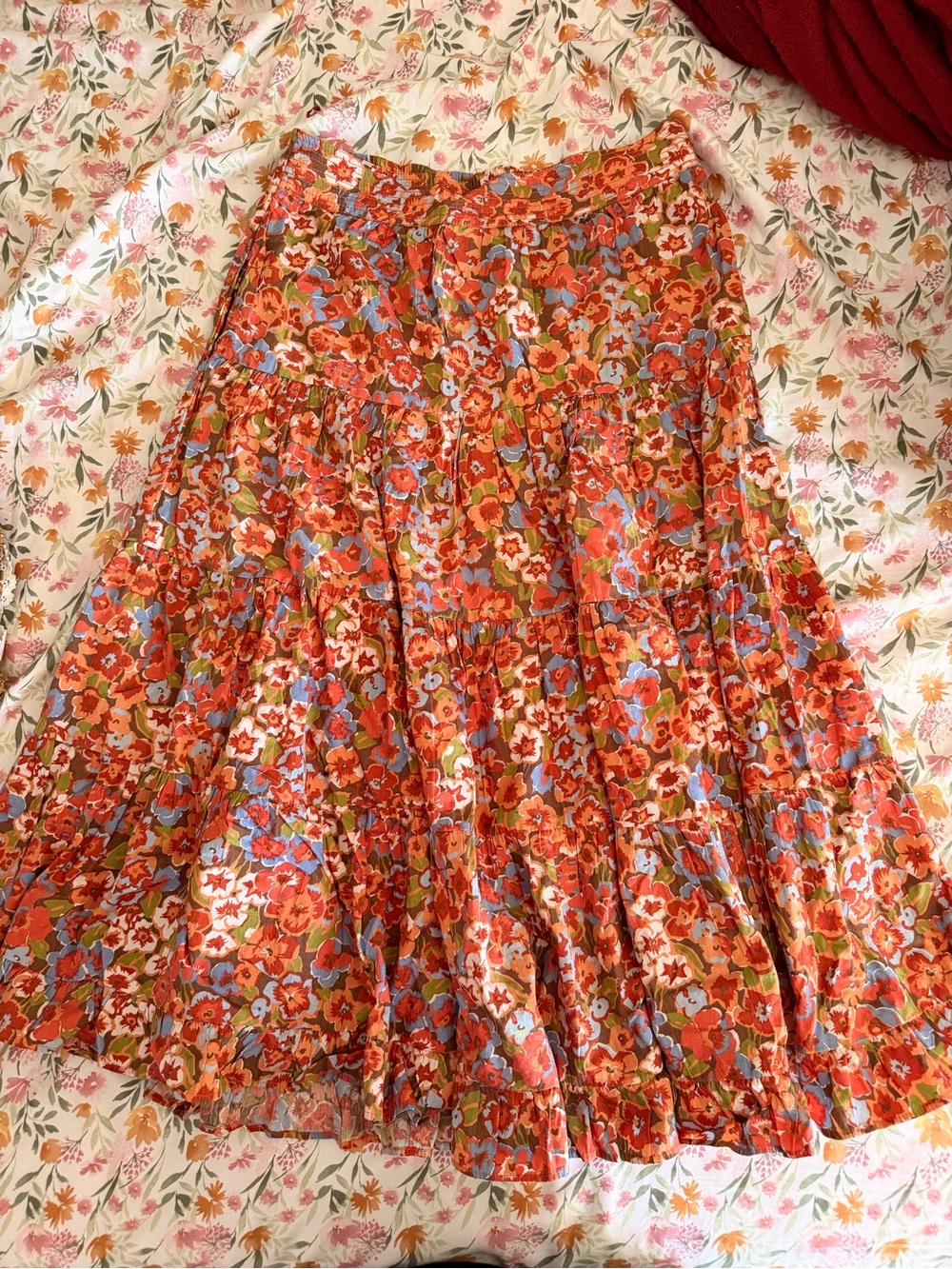 House of Harlow 1960 Orange Floral Tiered Midi Skirt with Blue Accents - Picture 1 of 3
